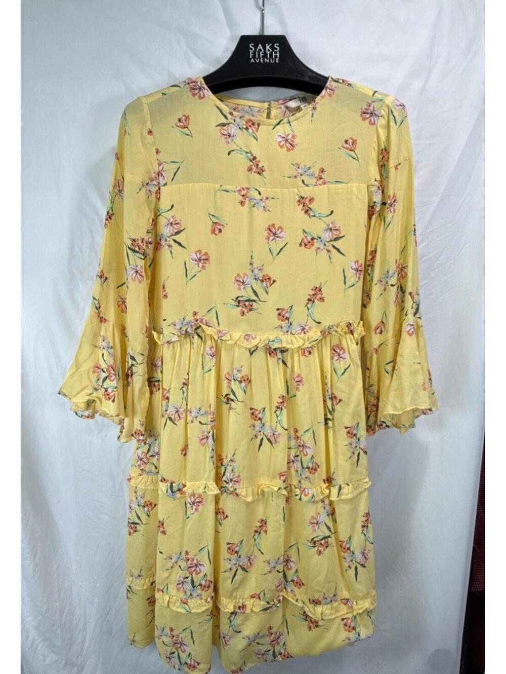 AND Anita Dongre Yellow Floral Tier Ruffle Mini Dress Boho Western sz 10 EUC